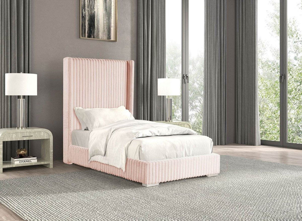 Twin Contemporary Pink Chenille Upholstered Mattress Ready Bed Frame - Restanew - Omega Lifestyles