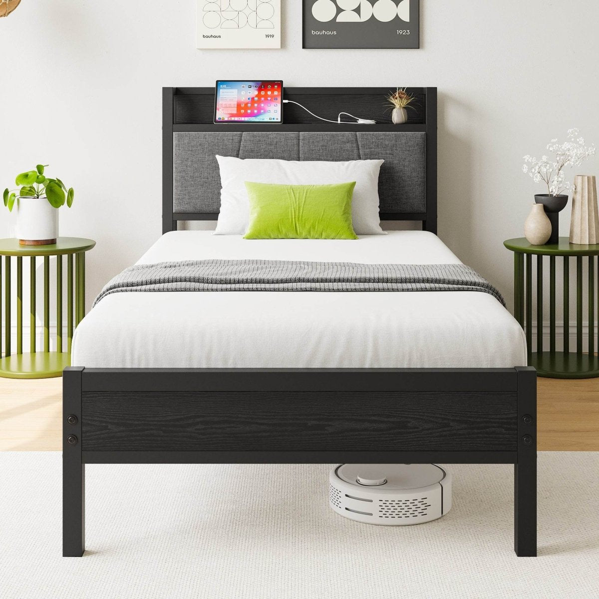 Twin Metal Wood Bed Frame With Storage Headboard Charging - Restanew - Omega Lifestyles
