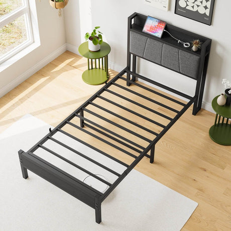 Twin Metal Wood Bed Frame With Storage Headboard Charging - Restanew - Omega Lifestyles
