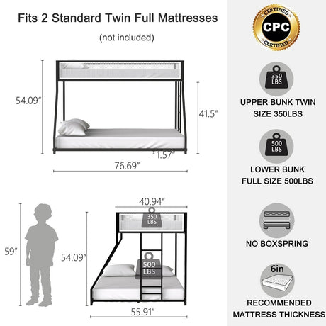 Twin Over Full Metal Bunk Bed With Ladder and Guardrails - Restanew - Omega Lifestyles