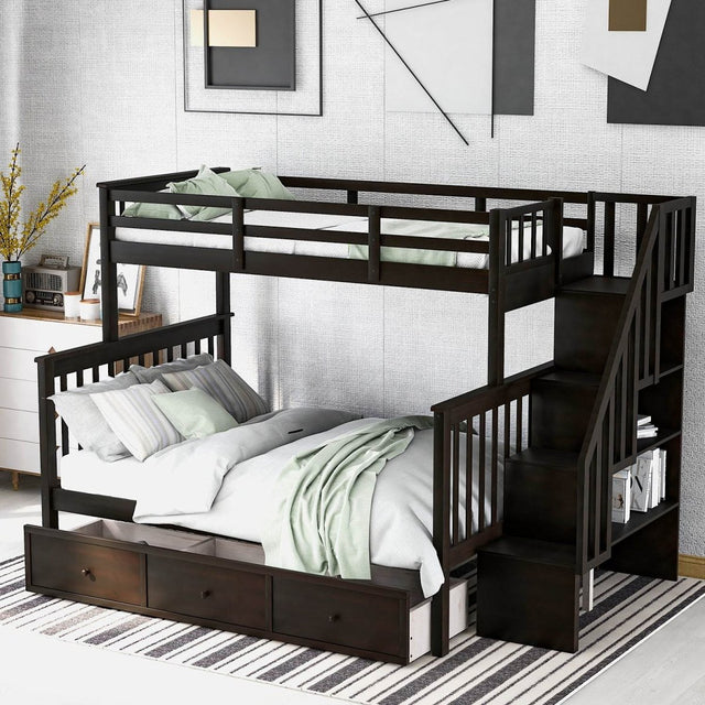 Twin - Over - Full Solid Wood Stairway Storage Bunk Bed - Restanew - Omega Lifestyles