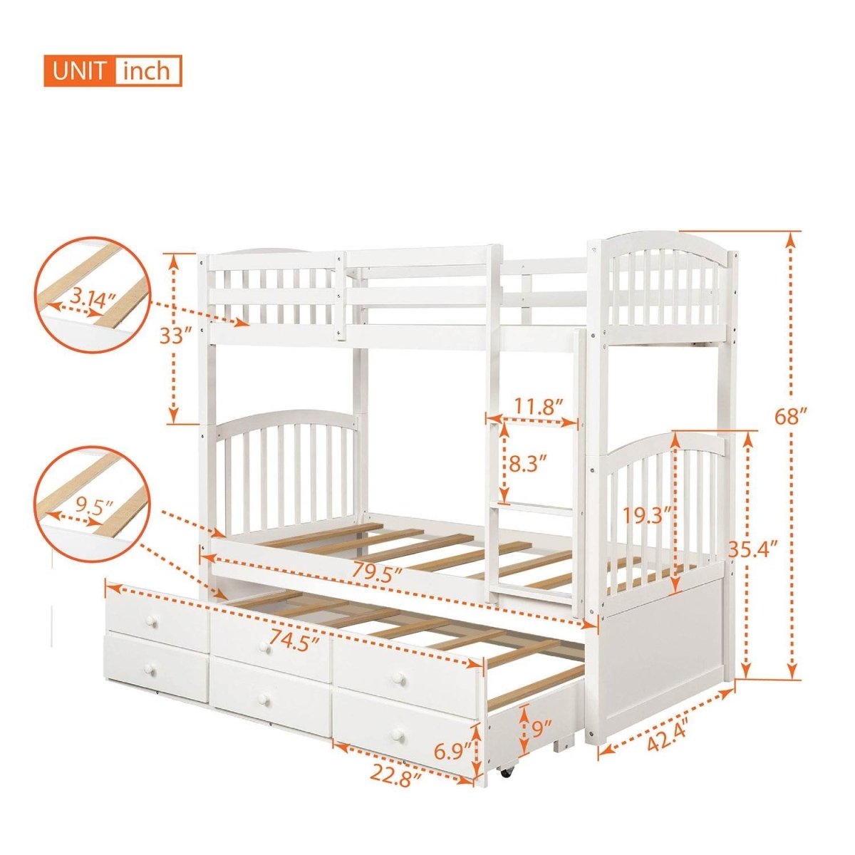 Twin Over Twin Solid Wood Bunk Bed With Trundle Drawers - Restanew - Omega Lifestyles