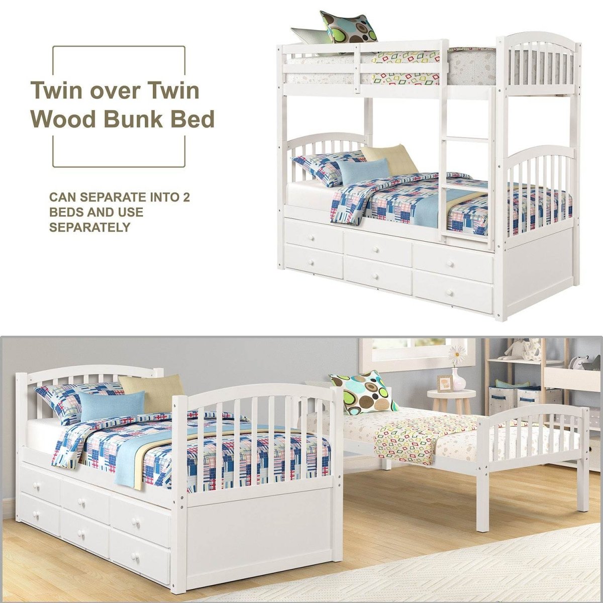 Twin Over Twin Solid Wood Bunk Bed With Trundle Drawers - Restanew - Omega Lifestyles