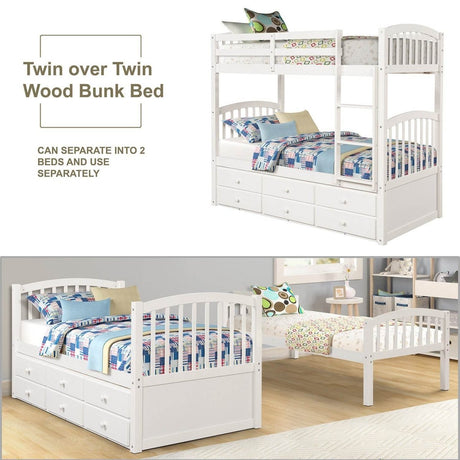 Twin Over Twin Solid Wood Bunk Bed With Trundle Drawers - Restanew - Omega Lifestyles