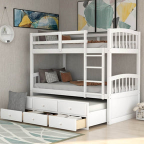 Twin Over Twin Solid Wood Bunk Bed With Trundle Drawers - Omega Lifestyles