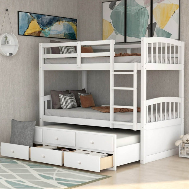 Twin Over Twin Solid Wood Bunk Bed With Trundle Drawers - Restanew - Omega Lifestyles