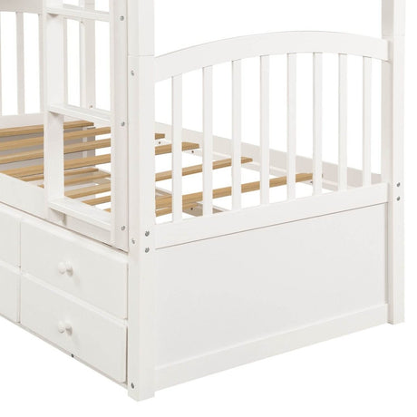 Twin Over Twin Solid Wood Bunk Bed With Trundle Drawers - Restanew - Omega Lifestyles