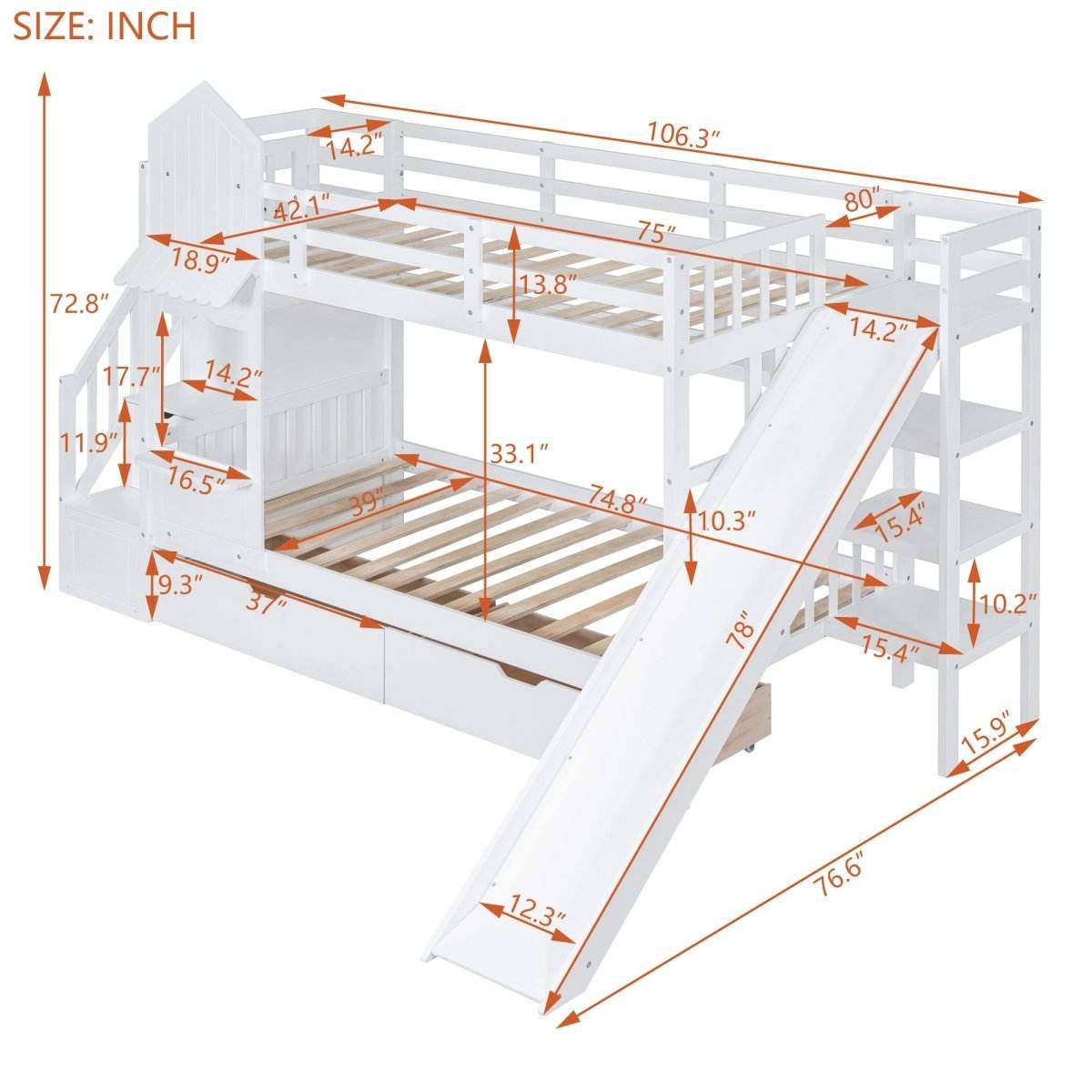 Twin-Over-Twin Solid Wood Castle Style Bunk Bed With Slide - Sleep Galleria