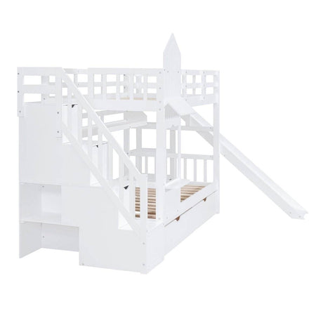 Twin-Over-Twin Solid Wood Castle Style Bunk Bed With Slide - Sleep Galleria