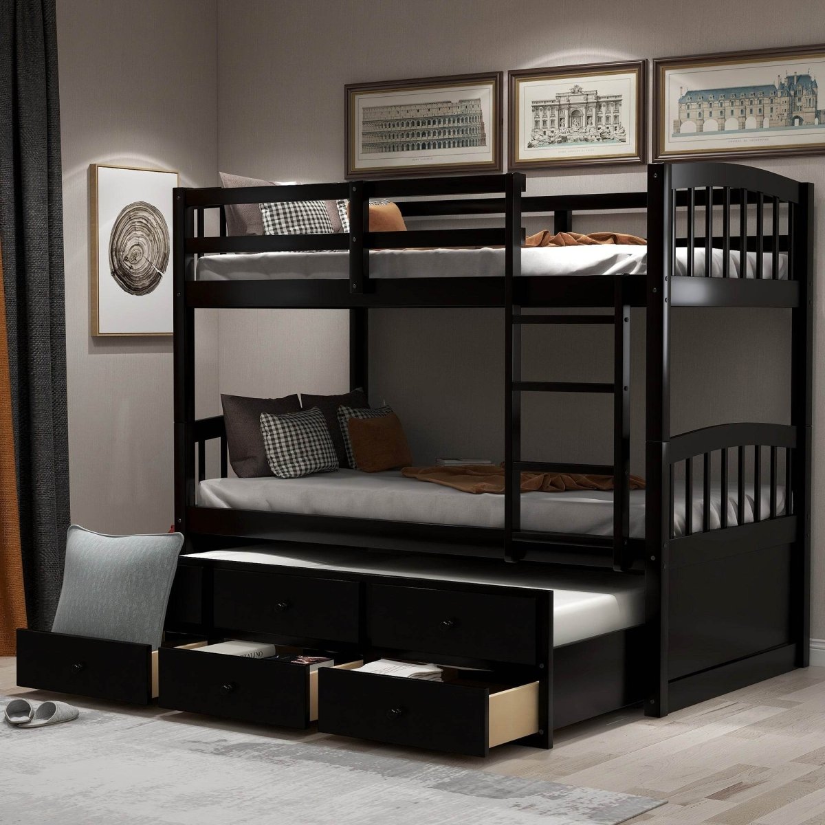 Twin - Over - Twin Solid Wood Espresso Bunk Bed With Trundle - Restanew - Omega Lifestyles