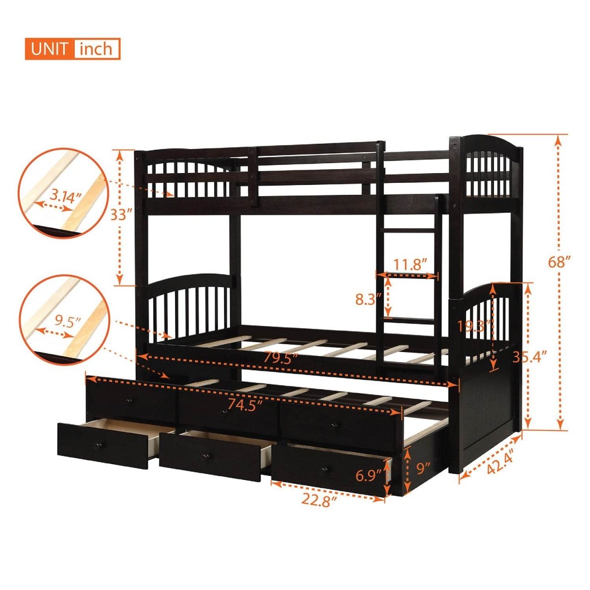 Twin - Over - Twin Solid Wood Espresso Bunk Bed With Trundle - Restanew - Omega Lifestyles