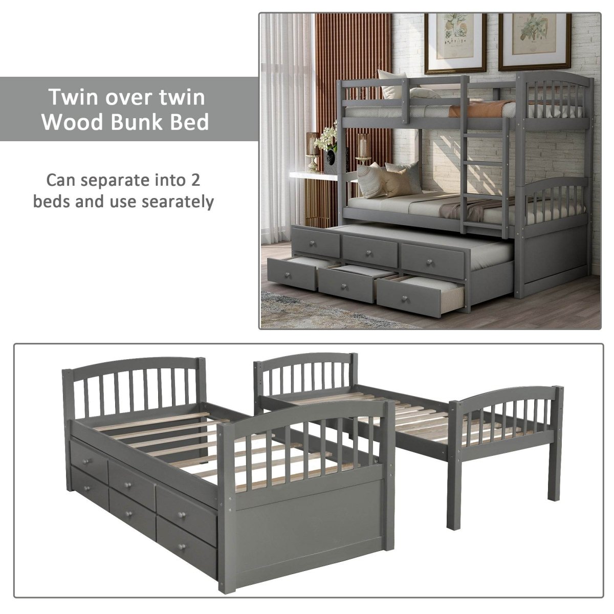 Twin - Over - Twin Solid Wood Trundle Bunk Bed With Drawers - Restanew - Omega Lifestyles