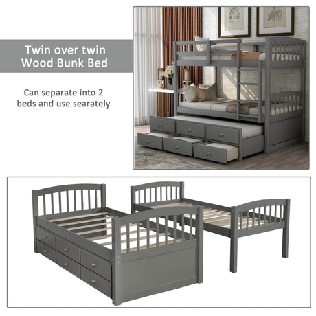 Twin - Over - Twin Solid Wood Trundle Bunk Bed With Drawers - Restanew - Omega Lifestyles