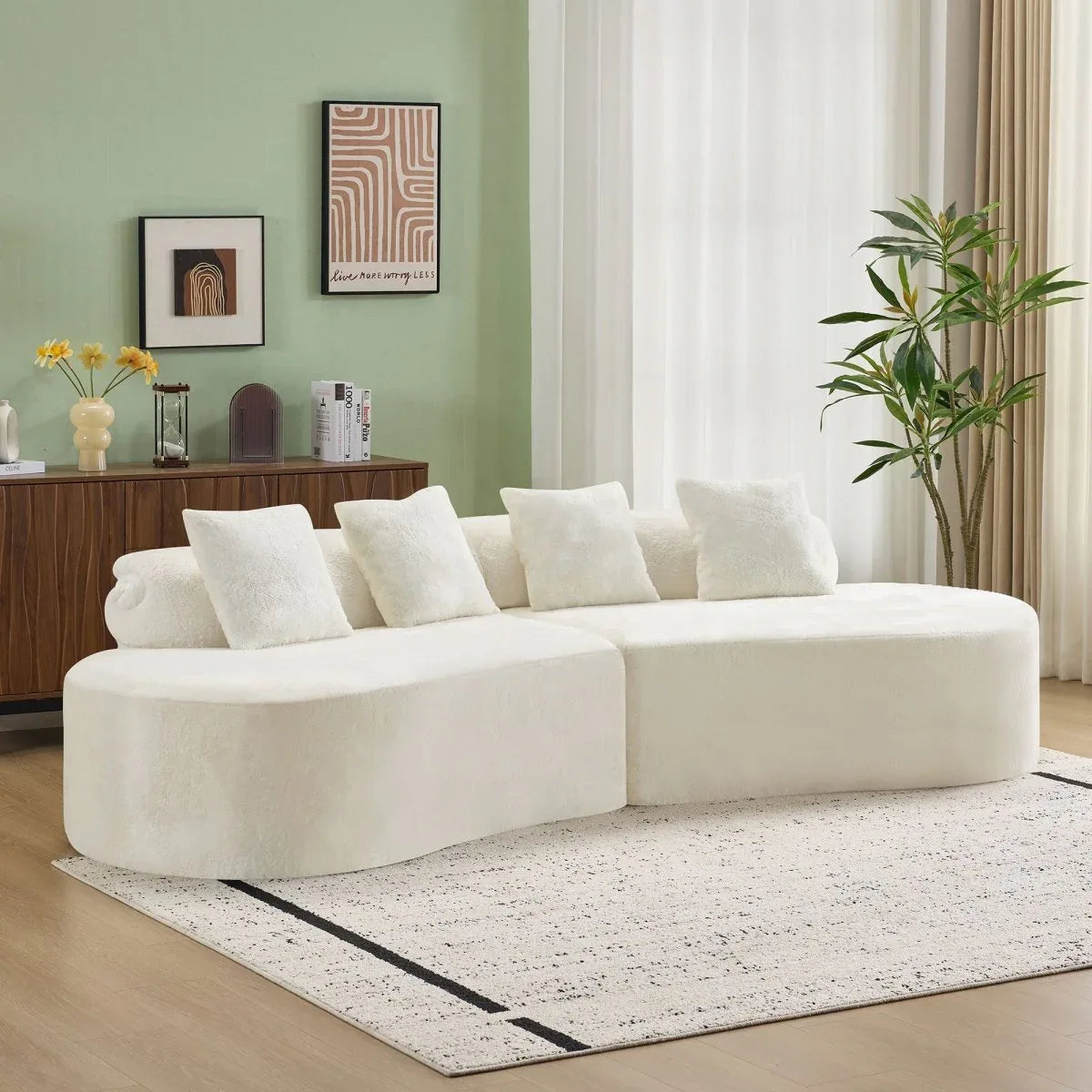 White Plush Curved Velvet 4-Seat Sofa - Omega Lifestyles