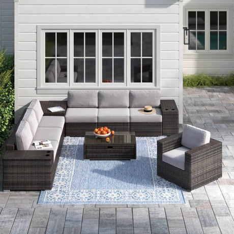 11 - Piece Outdoor Espresso Wicker Sectional Seating Set With Cushions - Serenova - Omega Lifestyles