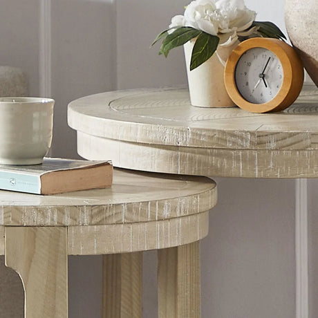 2-Piece Mid Century Rustic Oak Round Side Table Set - Omega Lifestyles