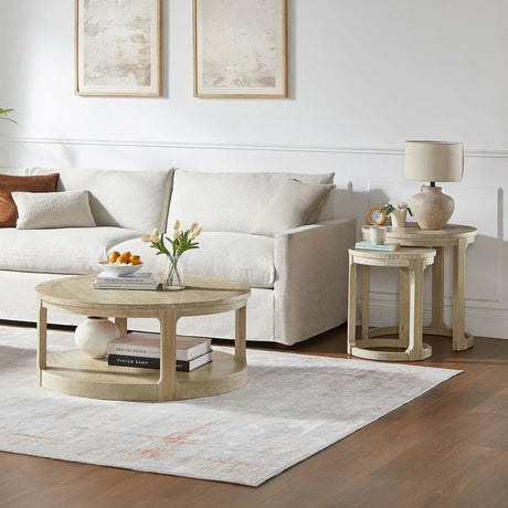 2-Piece Mid Century Rustic Oak Round Side Table Set - Omega Lifestyles