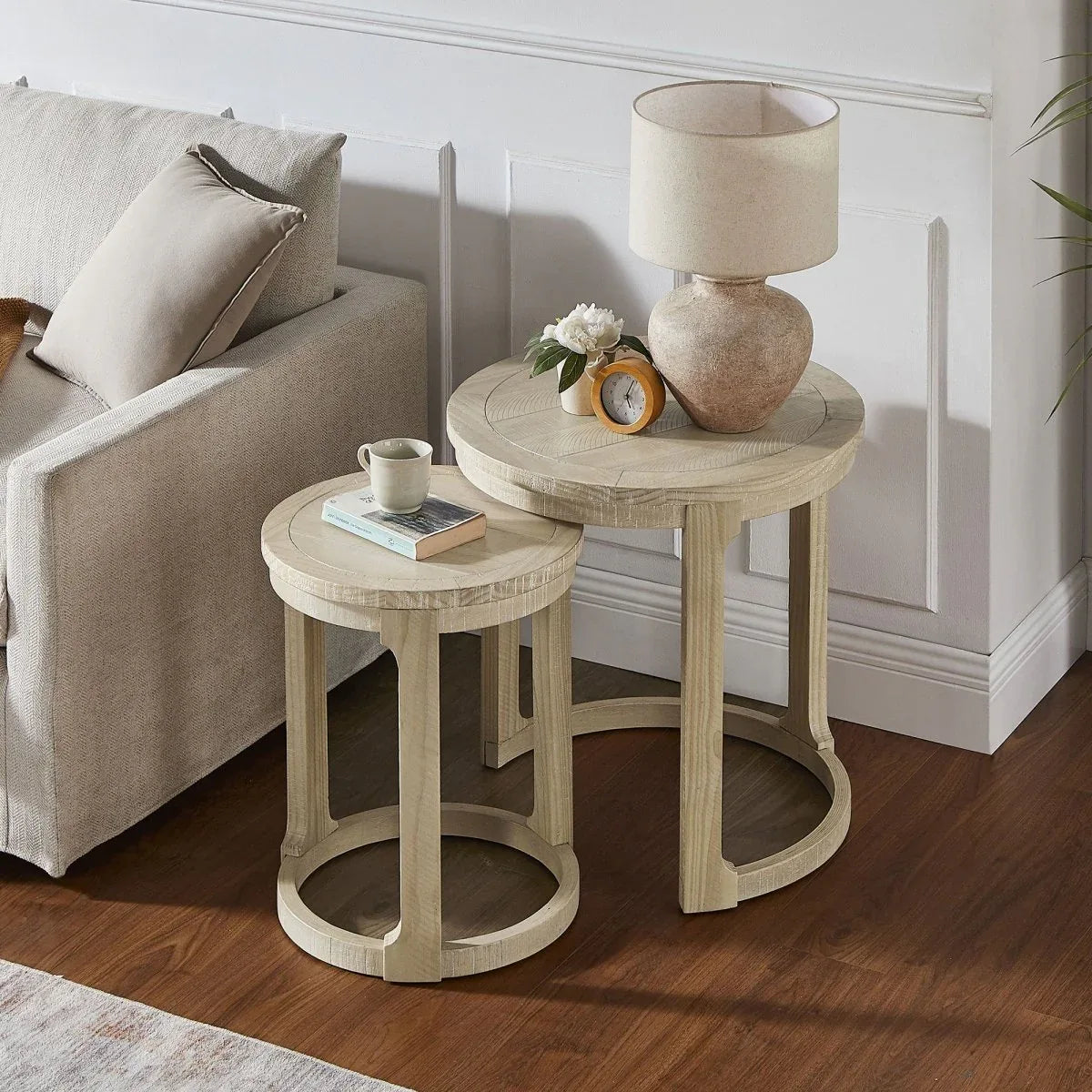 2-Piece Mid Century Rustic Oak Round Side Table Set - Omega Lifestyles