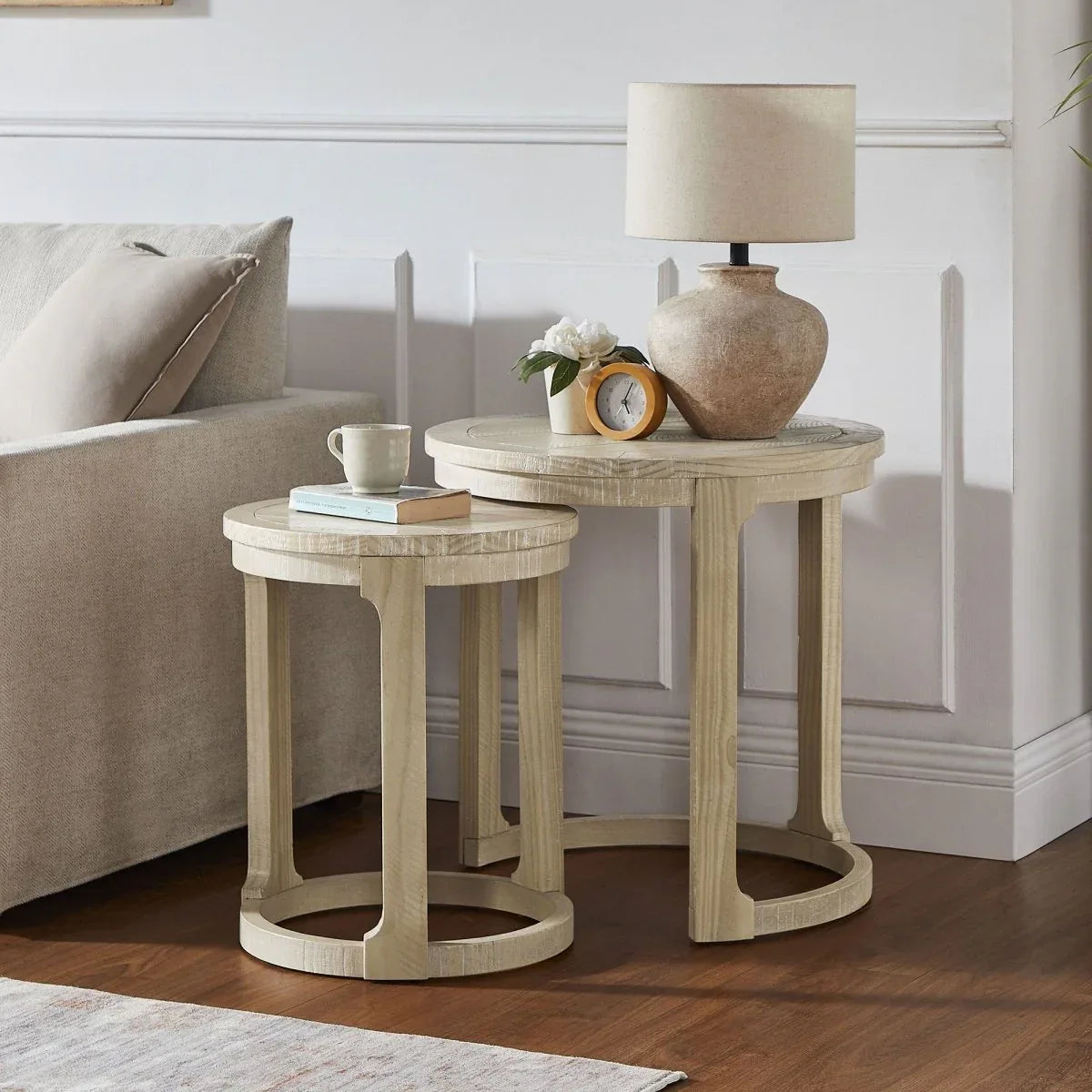 2-Piece Mid Century Rustic Oak Round Side Table Set - Omega Lifestyles