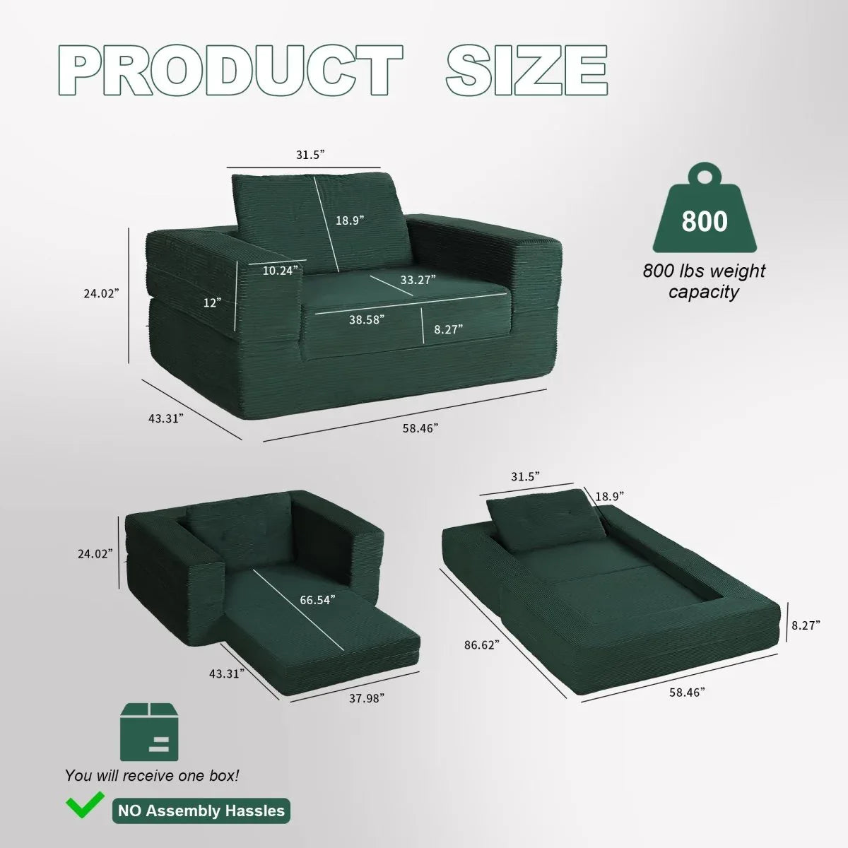 3-in-1 Corduroy Memory Foam Folding Sofa Bed - Omega Lifestyles