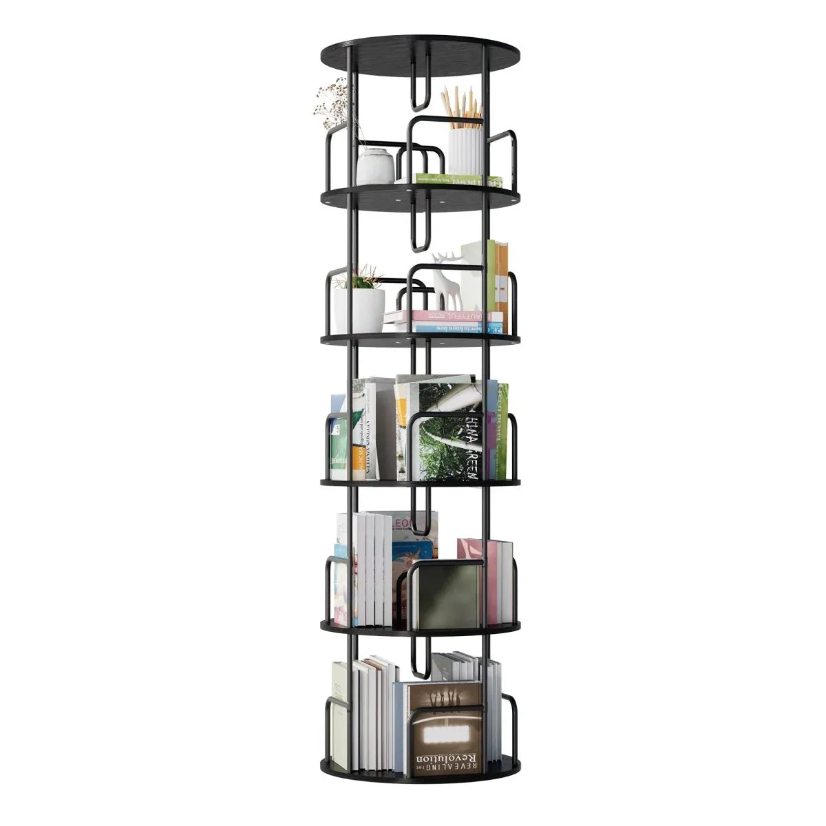 360-Degree 5-Tier Rotating MDF And Iron Bookshelf - Omega Lifestyles