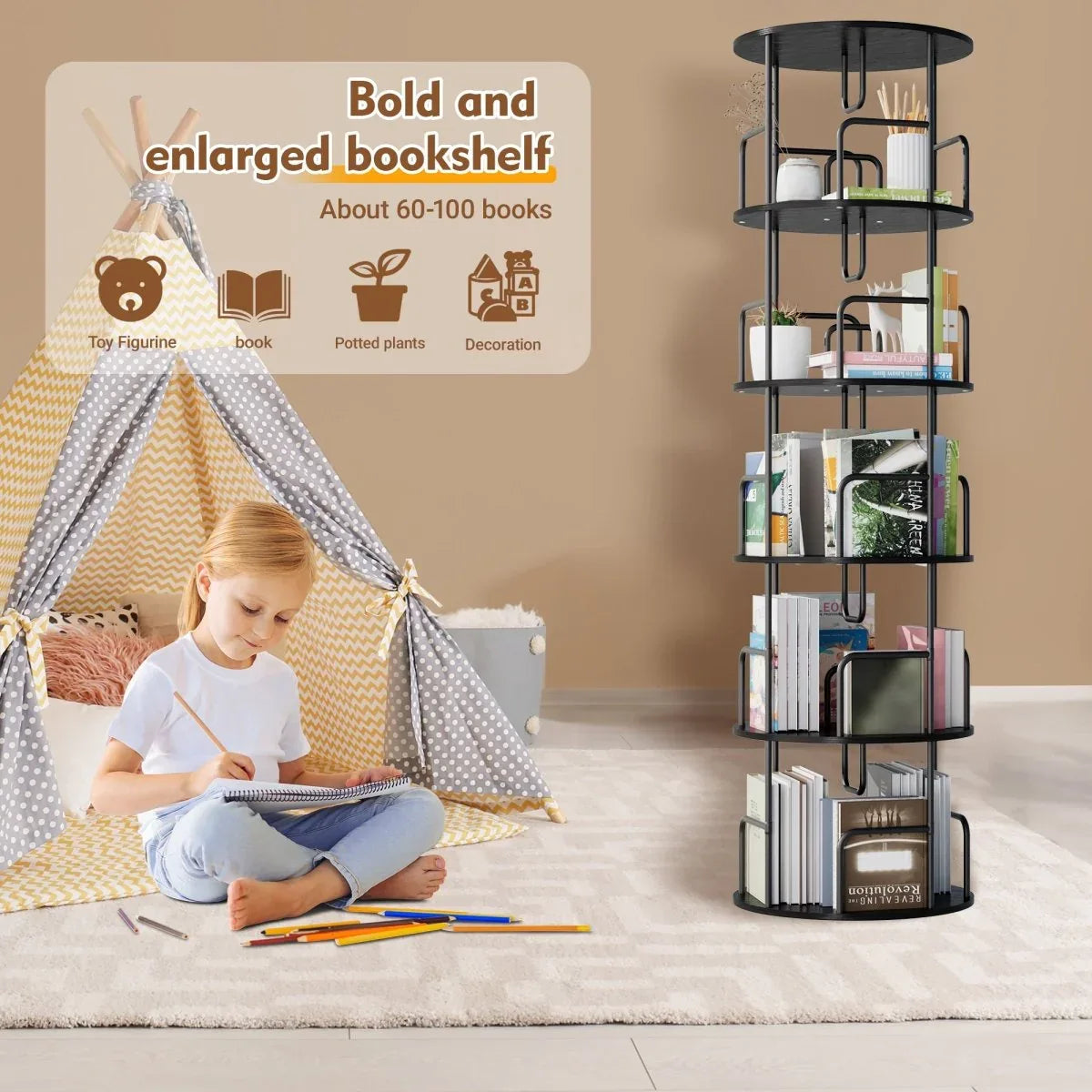 360-Degree 5-Tier Rotating MDF And Iron Bookshelf - Omega Lifestyles