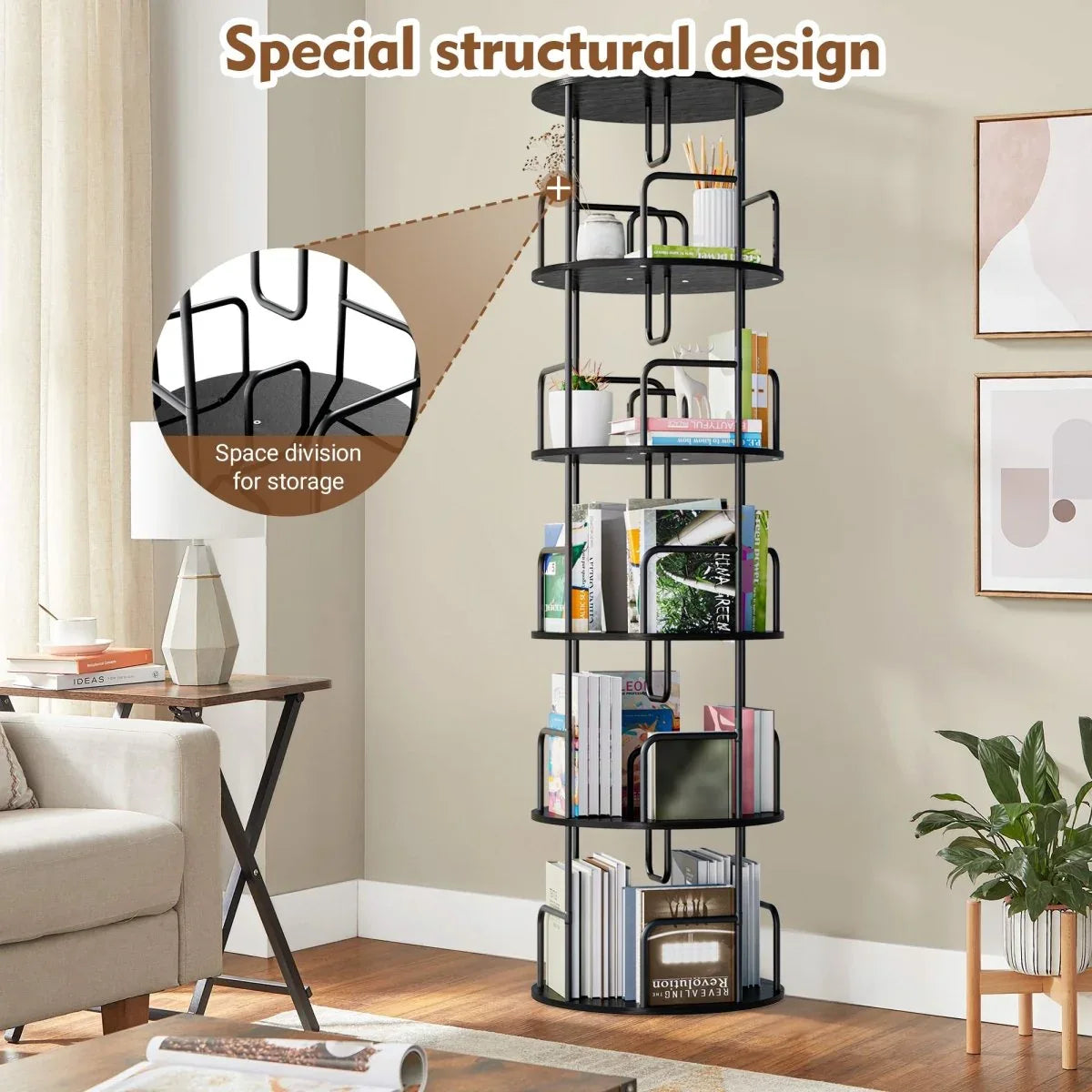 360-Degree 5-Tier Rotating MDF And Iron Bookshelf - Omega Lifestyles