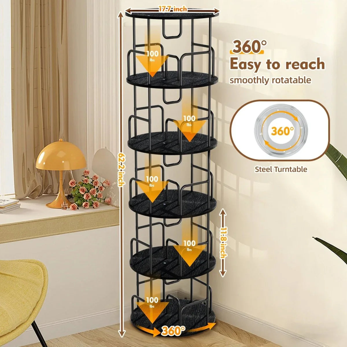 360-Degree 5-Tier Rotating MDF And Iron Bookshelf - Omega Lifestyles