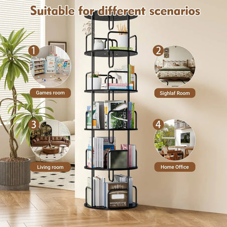 360-Degree 5-Tier Rotating MDF And Iron Bookshelf - Omega Lifestyles