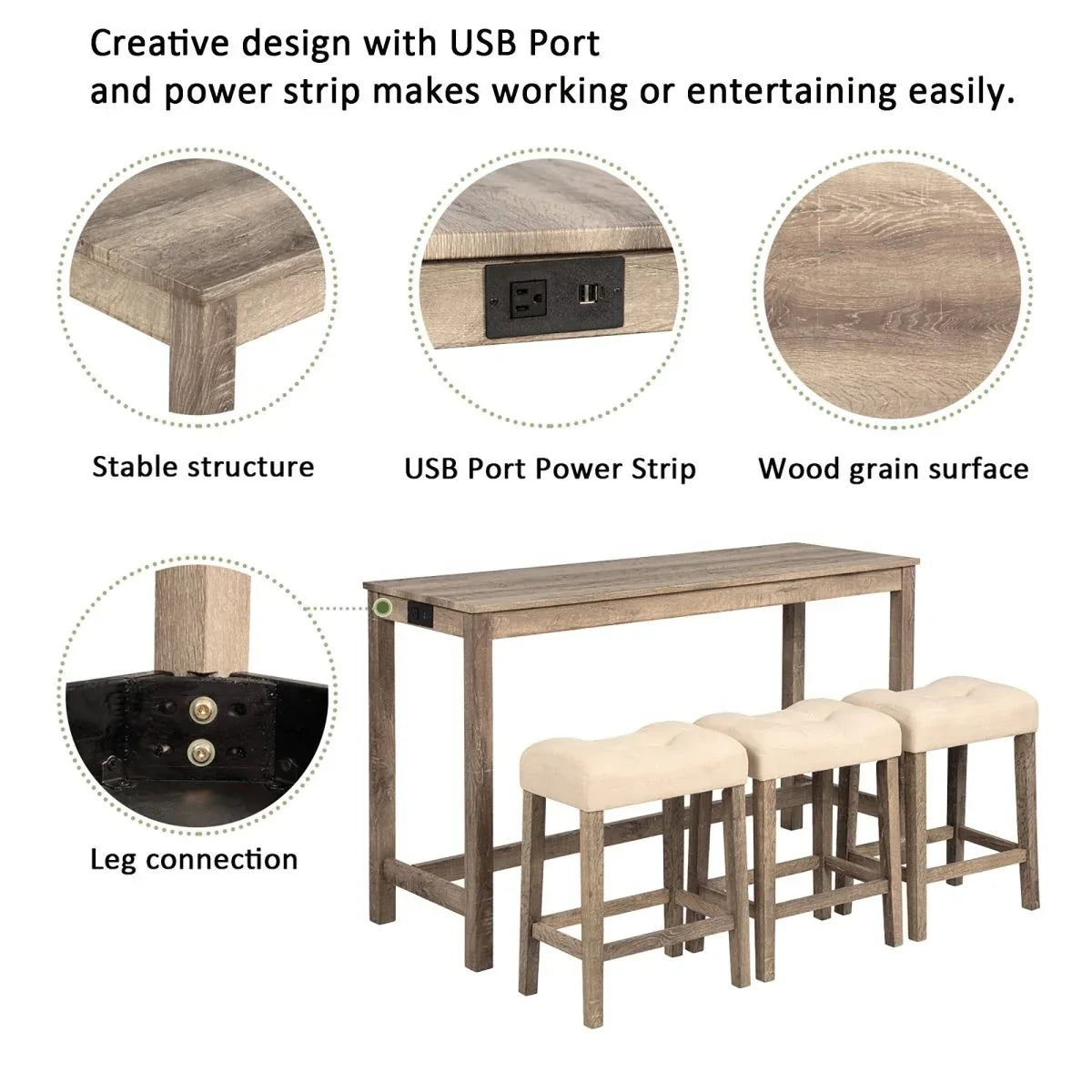 4-Piece Bar Table Set With USB Power Outlet And Stools - Omega Lifestyles