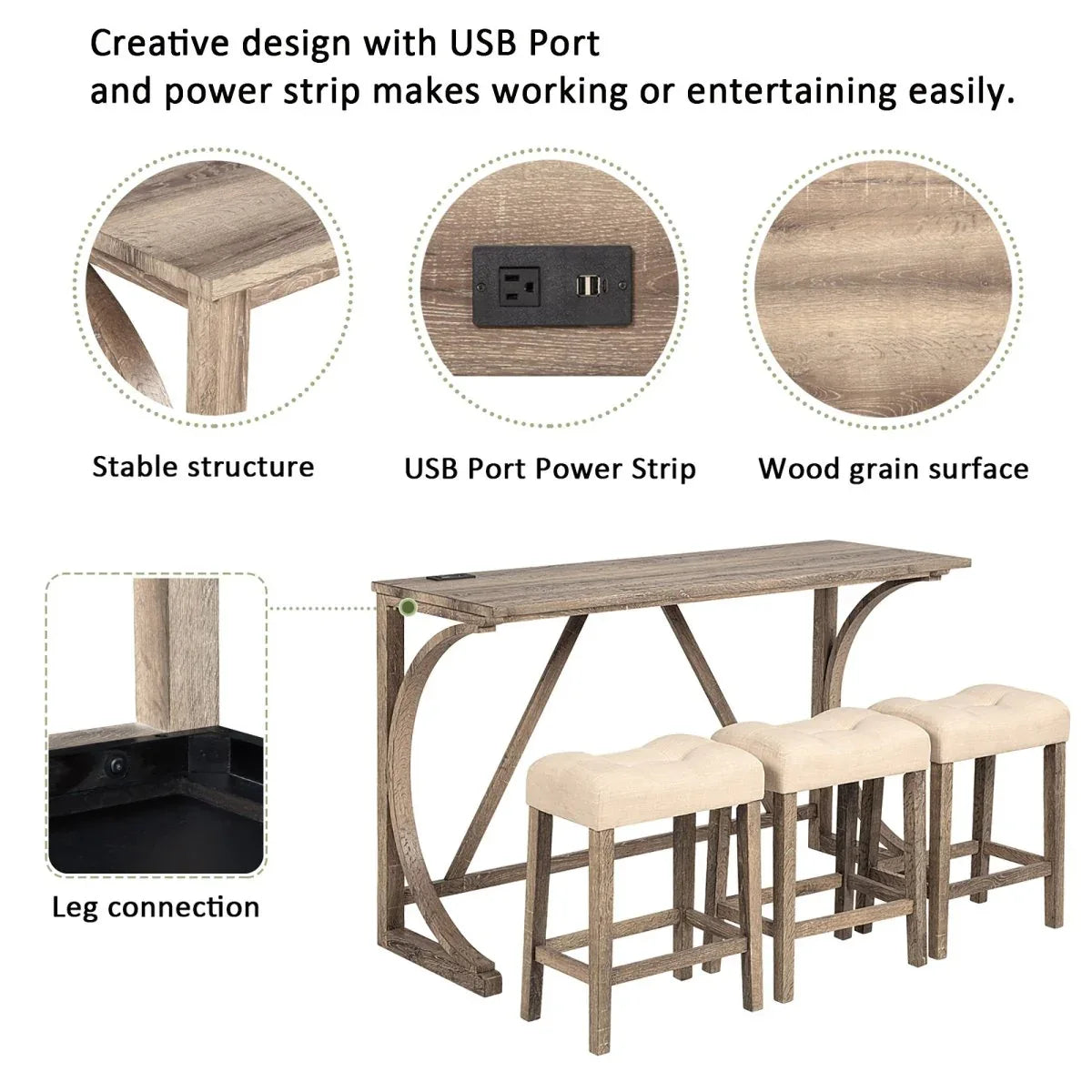 4-Piece Brown Bar Table Set With Power Outlet And Stools - Omega Lifestyles