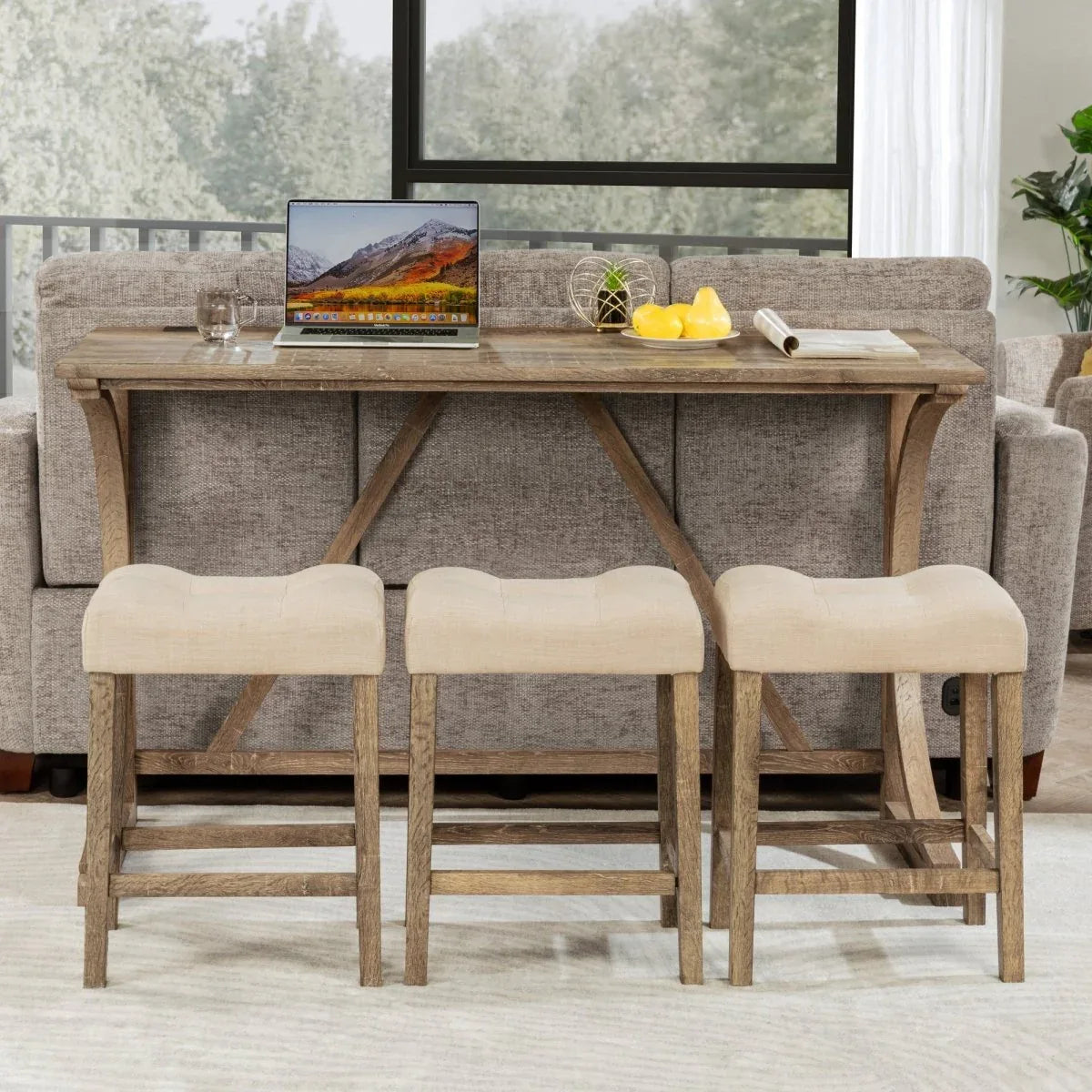 4-Piece Brown Bar Table Set With Power Outlet And Stools - Omega Lifestyles