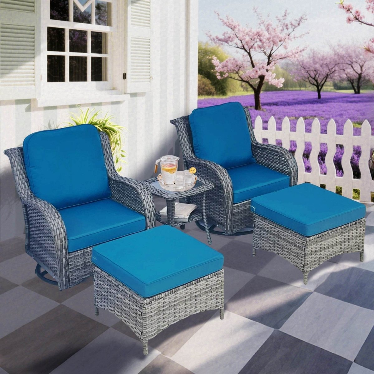 5 - Piece Modern Rattan Outdoor Swivel Rocker Patio Set - Serenova - Omega Lifestyles