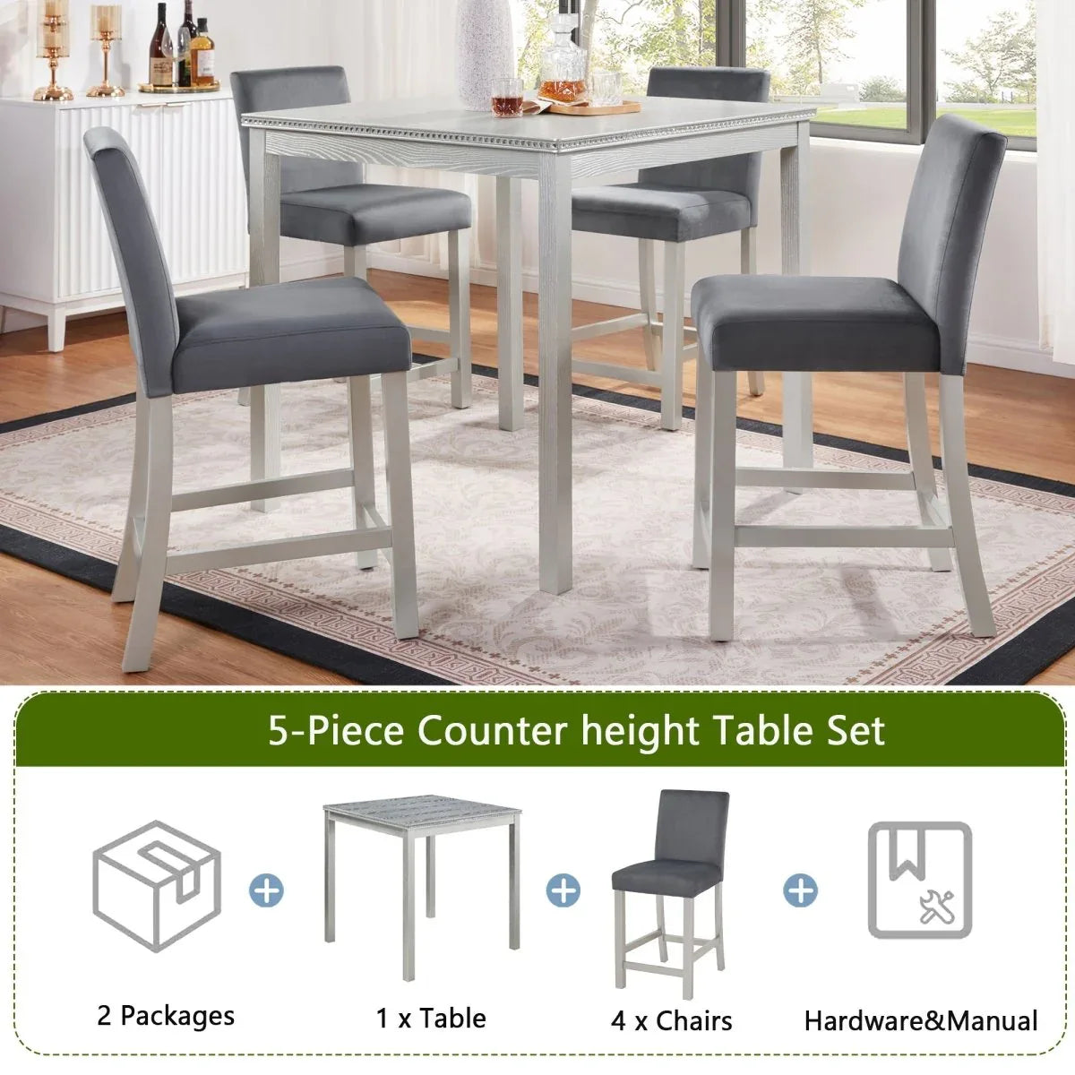 5-Piece Silver Grey Counter Height Dining Table Set - Omega Lifestyles
