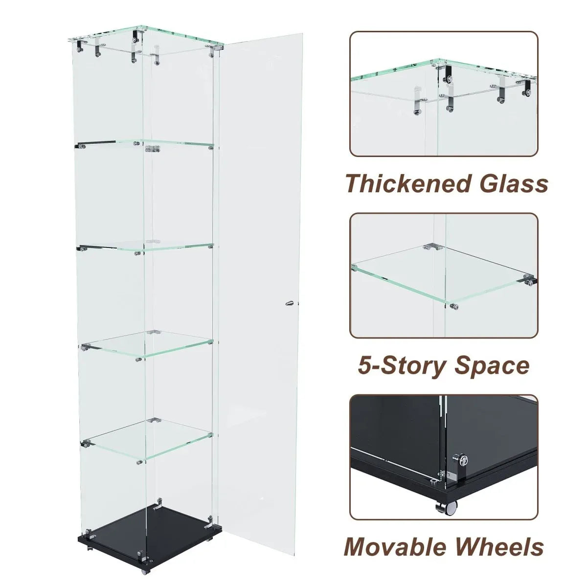 5-Tier Black Tempered Glass Display Cabinet With LED Lighting - Omega Lifestyles