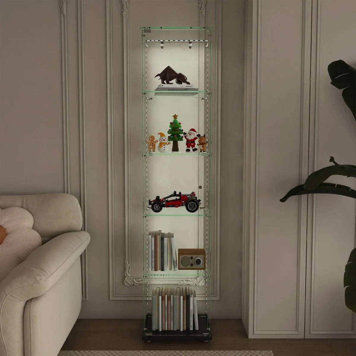 5-Tier Black Tempered Glass Display Cabinet With LED Lighting - Omega Lifestyles