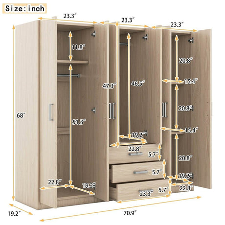 6-Doors Modern Wooden Wardrobe With Drawers - Sleep Galleria