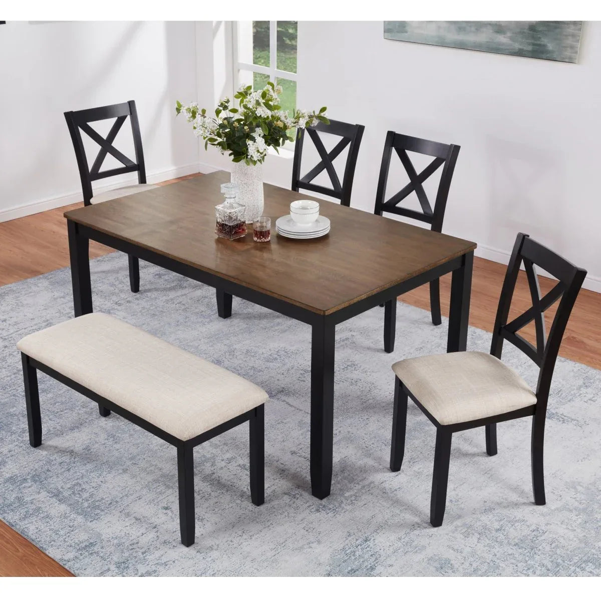 6-Piece Farmhouse Rectangular Dining Table Set With Bench - Omega Lifestyles