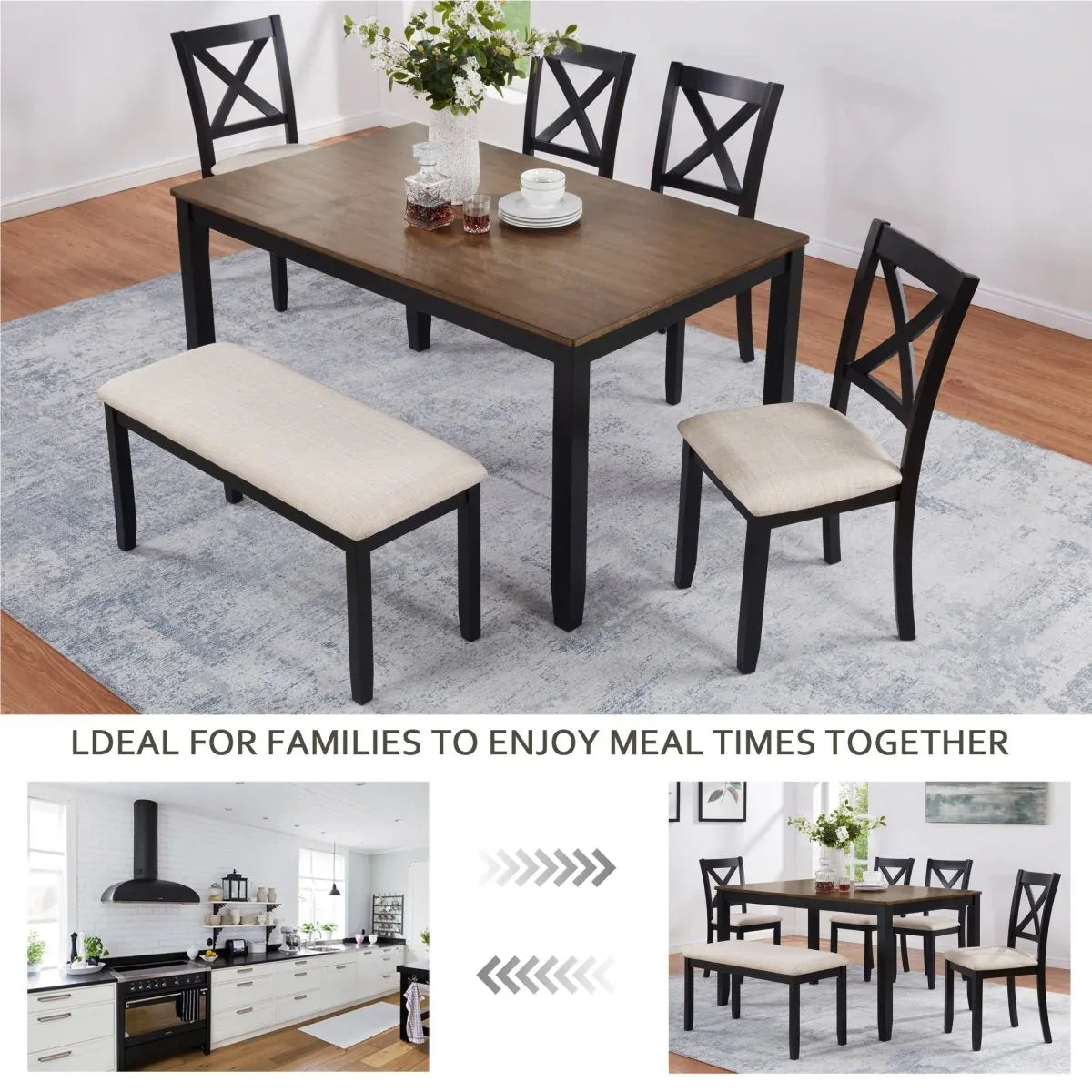 6-Piece Farmhouse Rectangular Dining Table Set With Bench - Omega Lifestyles