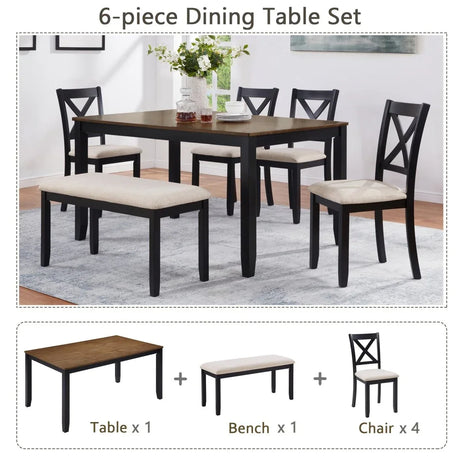 6-Piece Farmhouse Rectangular Dining Table Set With Bench - Omega Lifestyles