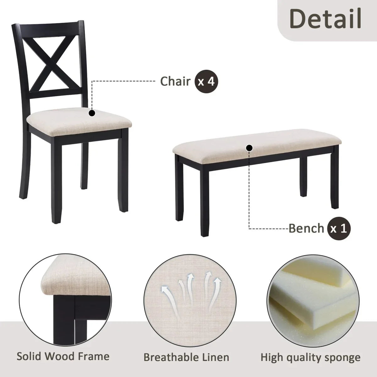 6-Piece Farmhouse Rectangular Dining Table Set With Bench - Omega Lifestyles