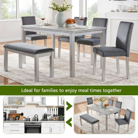 6-Piece Silver Grey Wooden Dining Table Set With Chairs - Omega Lifestyles