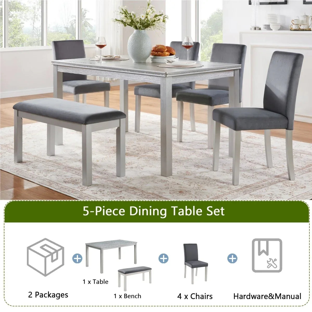 6-Piece Silver Grey Wooden Dining Table Set With Chairs - Omega Lifestyles