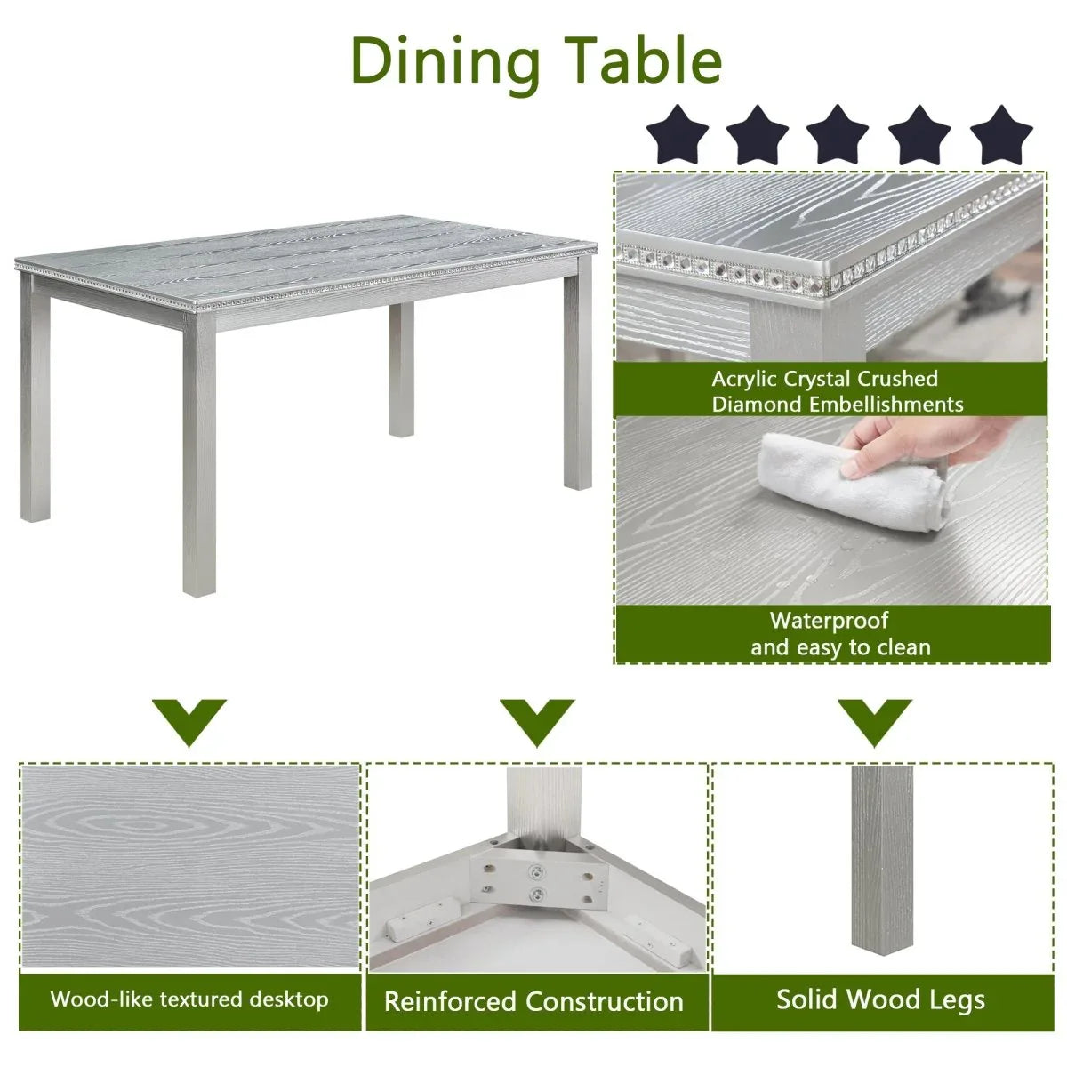 6-Piece Silver Grey Wooden Dining Table Set With Chairs - Omega Lifestyles