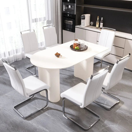 7-Piece Cream MDF Dining Table And Armless PU Chair Set - Omega Lifestyles