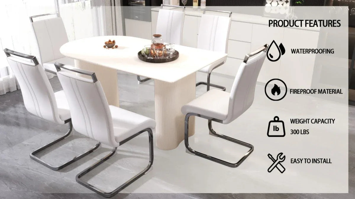 7-Piece Cream MDF Dining Table And Armless PU Chair Set - Omega Lifestyles