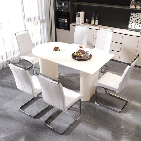 7-Piece Cream MDF Dining Table And Armless PU Chair Set - Omega Lifestyles