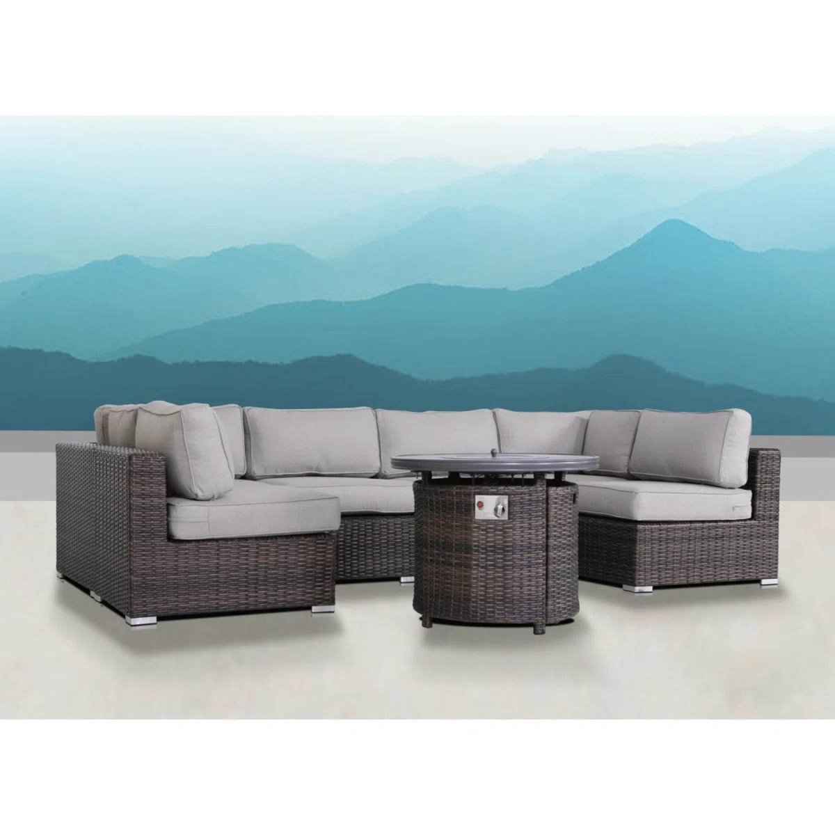 7 - Piece Wicker Outdoor Lounge Set With Cushions Fire Pit - Serenova - Omega Lifestyles