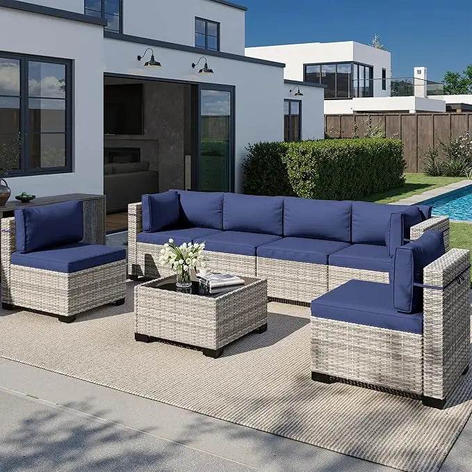 8-Piece Navy Blue PE Wicker Rattan Outdoor Furniture Set - Omega Lifestyles