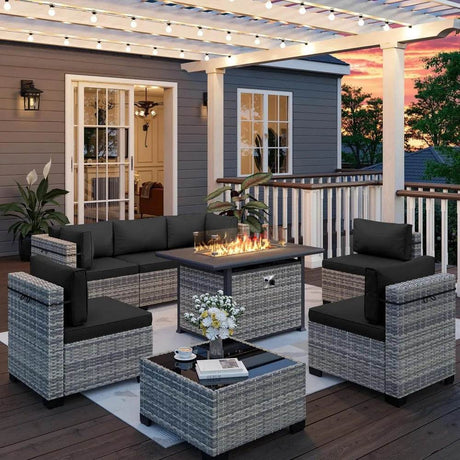 8-Piece Navy Blue PE Wicker Rattan Outdoor Furniture Set - Omega Lifestyles
